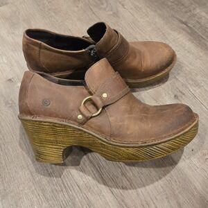 Born Women's US Size 9.5 Clog Boots Brown Chunky Platform Heels Side Zip